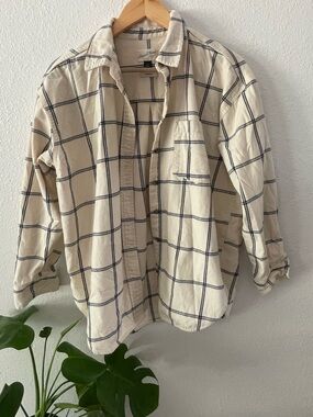 White and Blue Plaid Button-Up Shirt